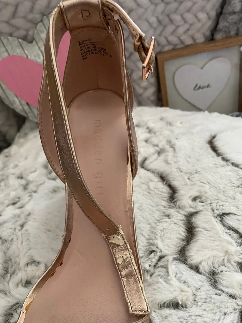 Madden Girl Metallic Rose Gold Ankle-Strap 4”Heels *flaw have inside peeling